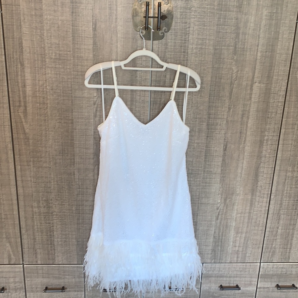 Minuet Feather Trim Sequins White Dress